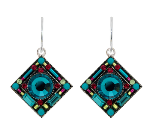 FIREFLY EARRINGS CONTESSA GEOMETRIC DIAMOND INDI: indicolite stones in 1/2" silver setting, french wire backs