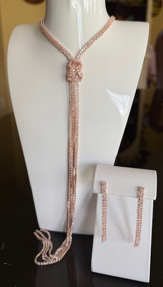 NECKLACE EARRING SET ROSE GOLD CRYSTALS, ADJUSTABLE LONG CHAIN