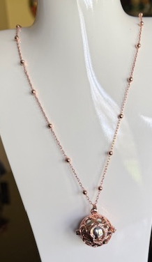 ORNATE NECKLACE DIFFUSER POD, ROSEGOLD WITH CRYSTALS, LONG ADJUSTABLE CHAIN