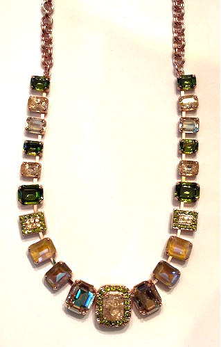 MARIANA NECKLACE OLIVE GARNISH: green, peach, ice stones in rose gold setting, 20" adjustable chain