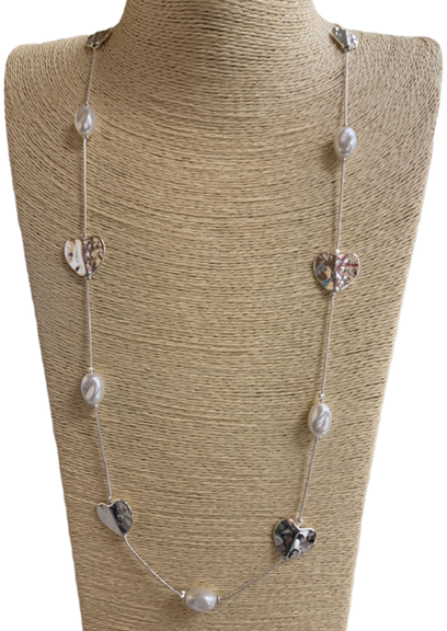 HAMMERED SILVER HEART-PEARL NECKLACE LONG SILVER CHAIN