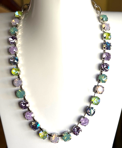 MARIANA NECKLACE BETTE BLOOM: pacific opal, pink, lavender, green ice 1/4" stones in silver rhodium setting, 17" adjustable chain