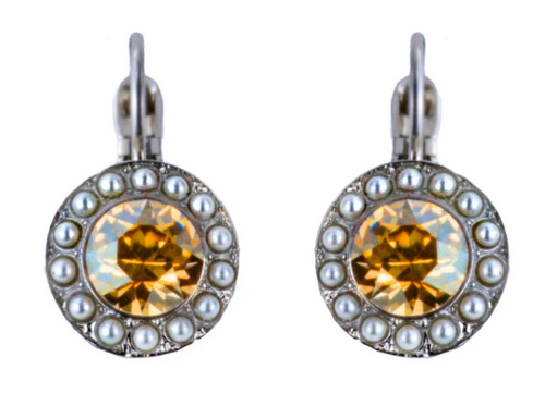 MARIANA EARRINGS BUTTER PECAN:  amber, pearl stones in 5/8" silver rhodium setting, lever back