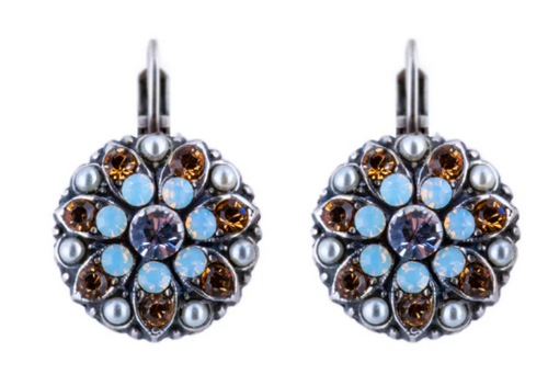 MARIANA EARRINGS BUTTER PECAN: amber, pearl, clear, white stones in 5/8" silver rhodium setting, lever back