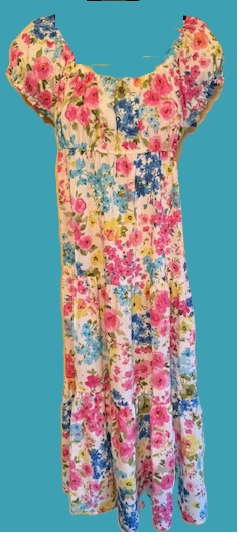 SHORT SLEEVE FLORAL 3-TIER MAXI DRESS