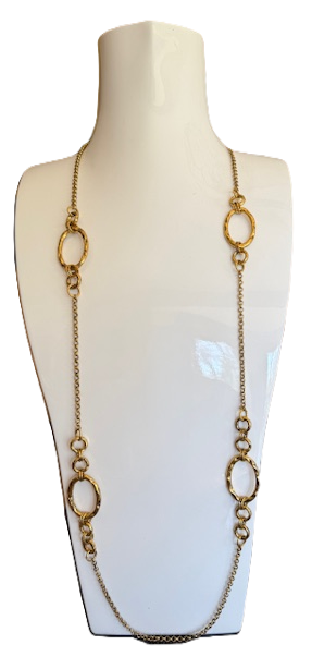 GOLD HAMMERED OVAL CHAIN NECKLACE, LONG ADJUSTABLE CHAIN