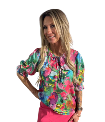 GREEN MULTI COLOR TIE V-NECK TOP