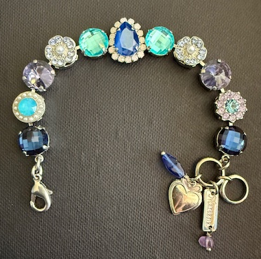 MARIANA BRACELET ELECTRIC BLUE: blue, lavender, white, pearl 5/8" stones in silver rhodium setting