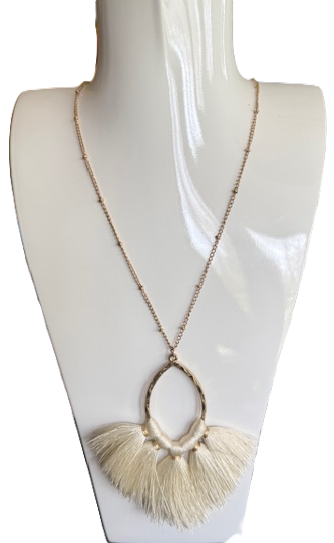 CREME TASSEL NECKLACE, LONG GOLD ADJUSTABLE CHAIN