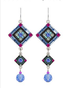 FIREFLY EARRINGS LA DOLCE VITA SQUARE W/DROP LB: blue, pink stones in 1.5" setting, french wire backs