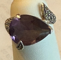 STERLING SILVER MARCASITE PURPLE PEAR RING
