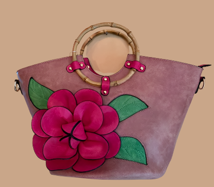 NEW YORK LARGE PINK FLOWER TOTE BAMBOO HANDLE 61021