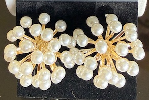 PEARL STARBURST CLIP ON GOLD 1" DIAMETER EARRINGS