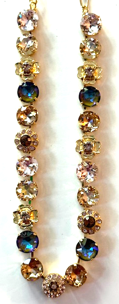 MARIANA NECKLACE AMARETTO: amber, pink silk, smoked topaz 1/2" stones in yellow gold setting, 18" adjustable chain
