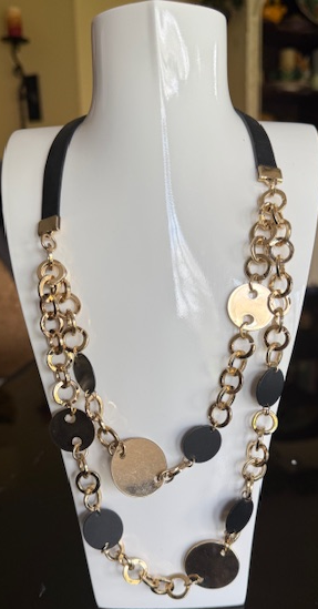 BLACK GOLD LEATHER DISC NECKLACE, ADJUSTABLE CHAIN