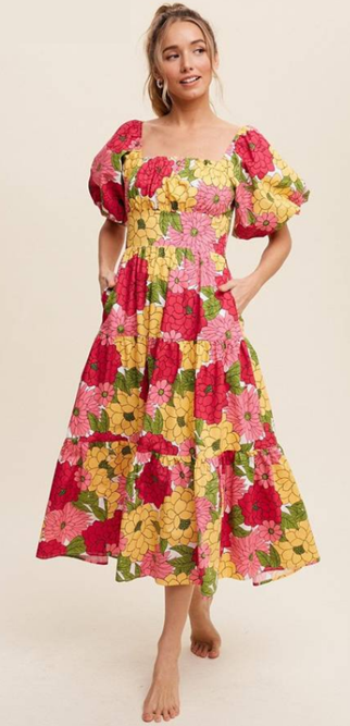 FLOWER TIER MIDI DRESS, PUFFY SLEEVES, SMOCKED BACK