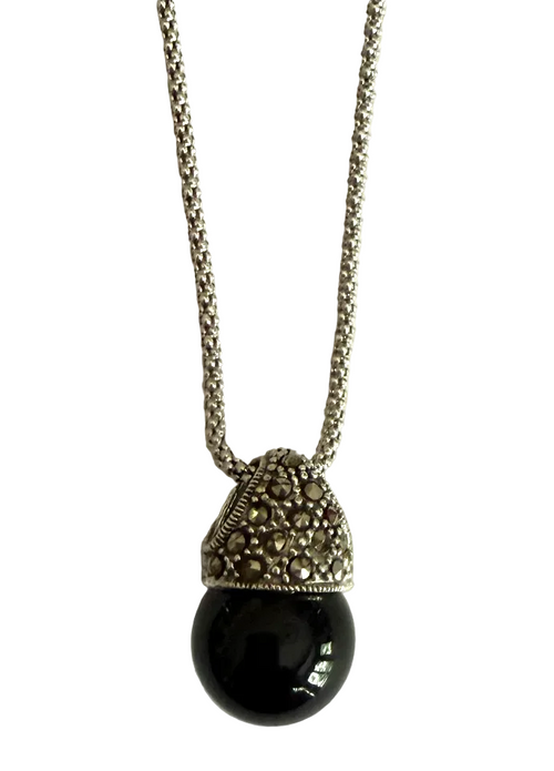 MARCASITE 3/4" BUCKET PENDANT BLACK, 16" STERLING CHAIN WITH LOBSTER CLASP