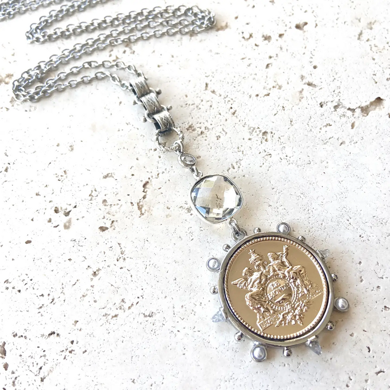 VB&CO GOLD FRENCH MEDALLION COIN SILVER CHAIN NECKLACE