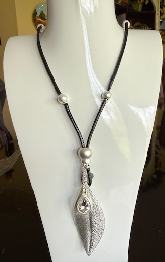 SILVER LEAF SILVER AND CRYSTAL CHARM NECKLACE, LONG BLACK LEATHER ADJUSTABLE CHAIN