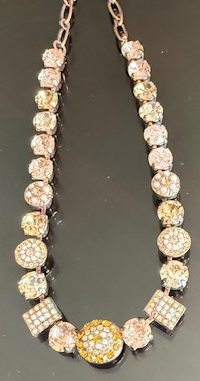 MARIANA NECKLACE DESERT ROSE: amber, pearl, peach ice, a/b stones in rose gold setting, adjustable 18" chain