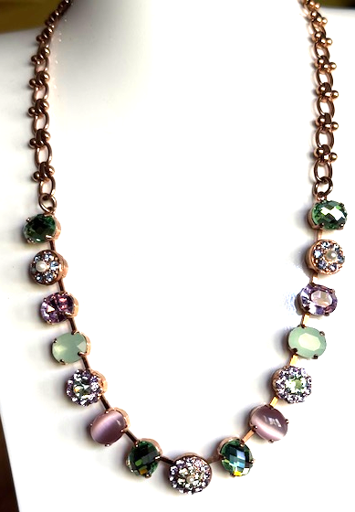 MARIANA NECKLACE MINT CHIP: green, lavender, pearl stones in rose gold setting, 19" adjustable chain