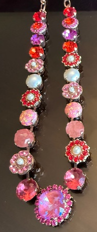 MARIANA NECKLACE ROXANNE: red, pink, simulated opal, purple, pearl stones in rose gold setting, adjustable 18" chain
