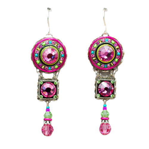 FIREFLY EARRINGS LA DOLCE VITA TIERED ROSE: multi color stones in 1.75" silver setting, wire backs