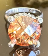 STERLING SILVER CZ LARGE AMBER SOLITAIRE RING