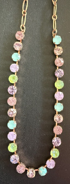 MARIANA NECKLACE MINT CHIP: lavender, green, pacific opal, simulated opal 1/4" stones in rosegold setting, 17" adjustable chain