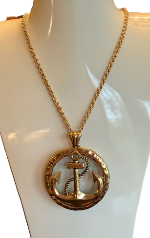 LONG GOLD CHAIN ANCHOR ON GLASS, ADJUSTABLE LONG CHAIN, PENDANT IS 1.75" WIDE