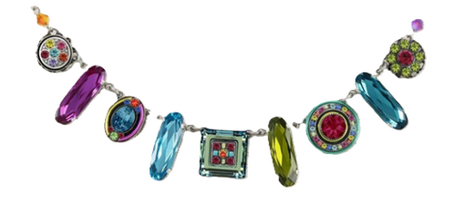 FIREFLY NECKLACE LA DOLCE VITA OBLONG MC: blue, fucshia, purple, green, orange stones, center stone 1/2", silver 18" adjustable chain