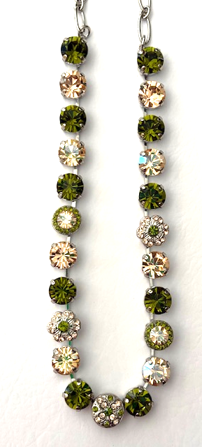 MARIANA NECKLACE OLIVE GARNISH: green, amber, clear stones in silver rhodium setting, 18" adjustable chain