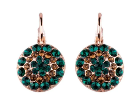 MARIANA EARRINGS DEEP FOREST: green, amber stones in 1/2" rose gold setting, lever back