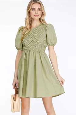 PUFF SLEEVE SMOCK DRESS LT OLIVE MINI