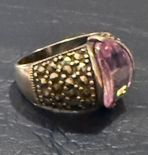 STERLING SILVER MARCASITE LILIAC STONE RING SIZE 8
