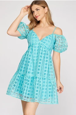 PUFF SLEEVE CHECKER ORGANZA DRESS BLUE, BACK ZIPPER, LINED