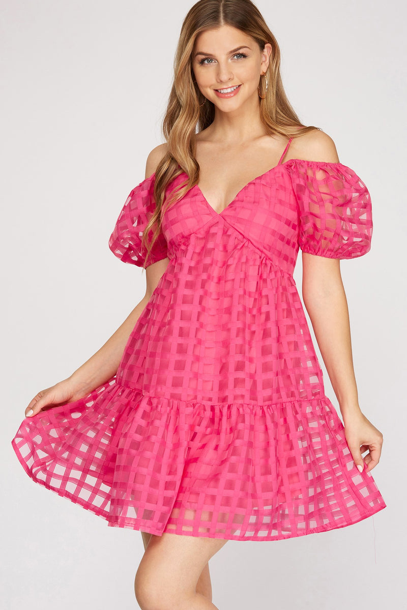 PUFF SLEEVE CHECKER ORGANZA DRESS PINK, BACK ZIPPER, LINED
