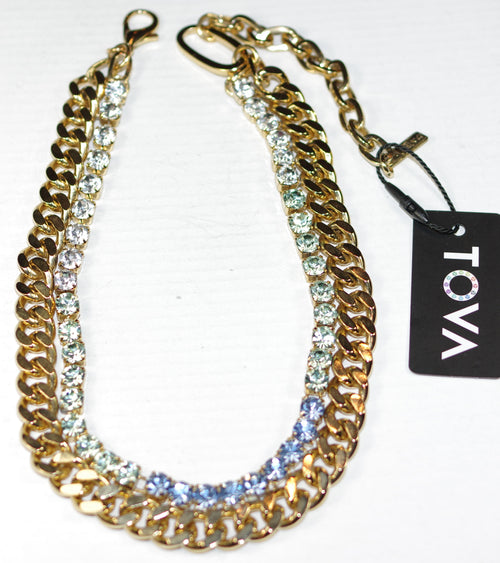 TOVA NECKLACE BLUE: multi color Swarovski crystals in gold plated setting, 14", 4" extension