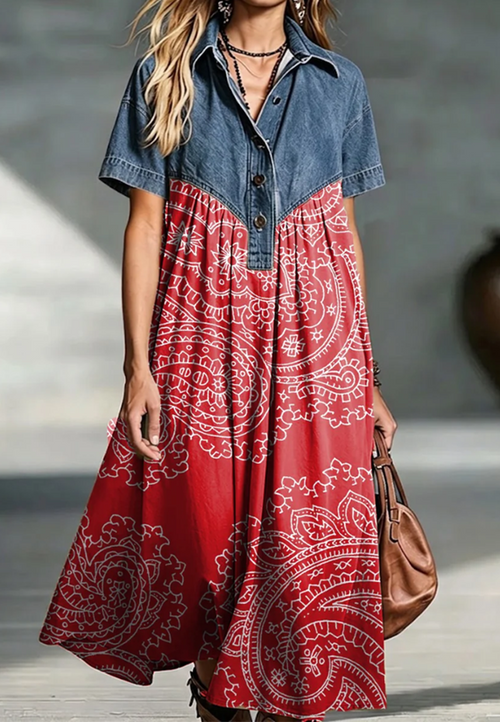 VOVALIN Bohemian Patchwork Paisley Print Cotton Dress