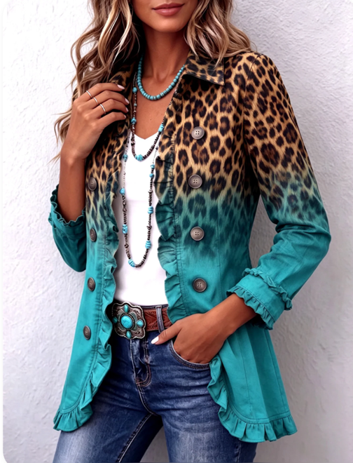 VOVALIN TURQUOISE/ANIMAL PRINT JACKET