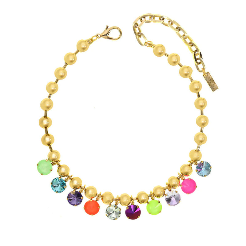 TOVA NECKLACE ANYA GOLD NEON: multi color Swarovski crystals in antique gold plated setting, 14" with 3" extension