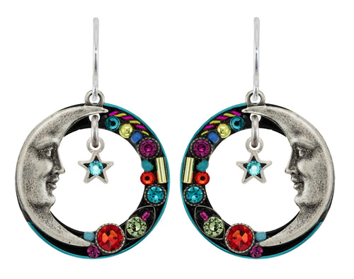 FIREFLY EARRINGS LUNA HOOP MC: multi color stones in 3/4" silver setting, wire backs