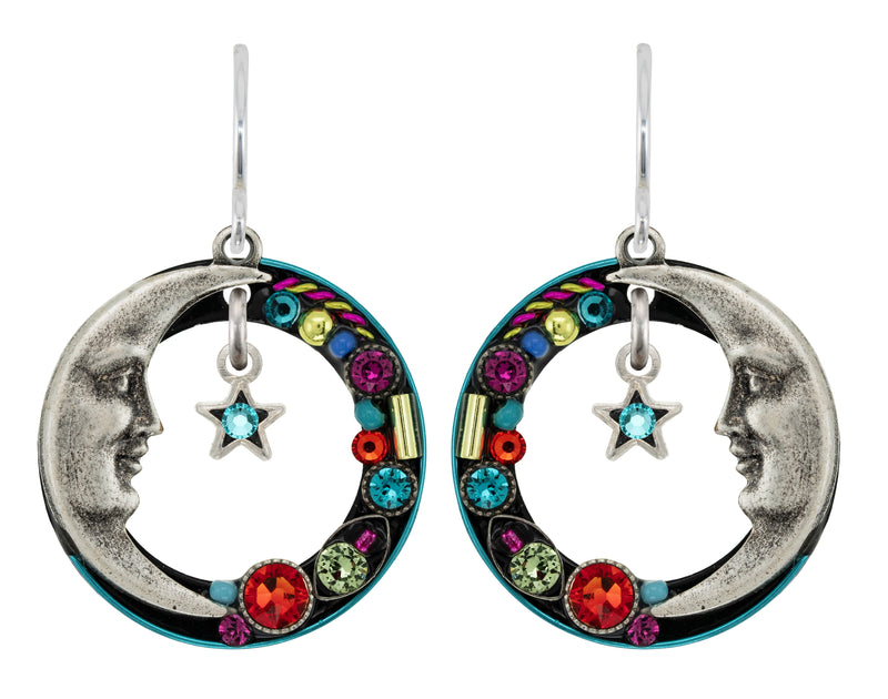 FIREFLY EARRINGS LUNA HOOP MC: multi color stones in 3/4" silver setting, wire backs