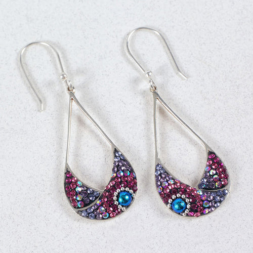 MOSAICO EARRINGS PE-8336-B: multi color Austrian crystals in 1.5" solid silver setting, french wire backs