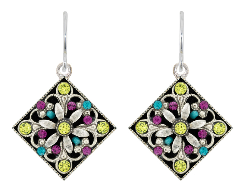 FIREFLY EARRINGS DIAMOND SHAPED FILIGREE CITRUS GREEN: multi color stones in 1/2" silver setting, wire backs
