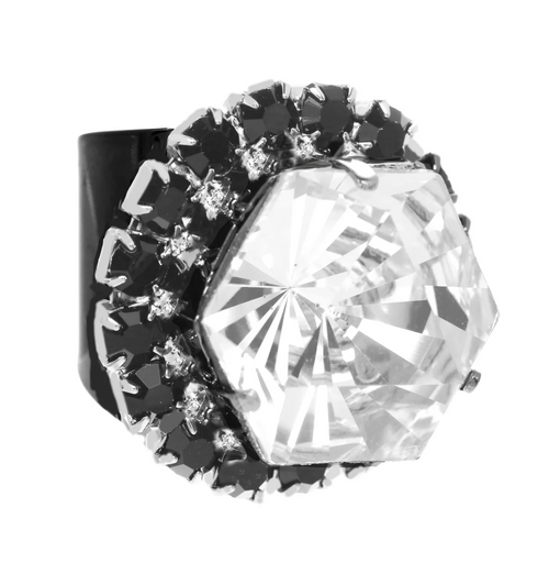 TOVA RING DARIANA JET/CLEAR: Swarovski crystals in gun metal plated setting, adjustable