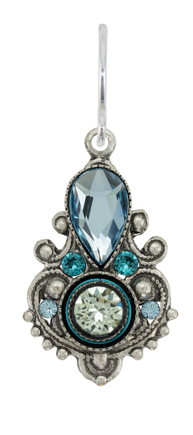 FIREFLY EARRINGS EXCLAMATION POINT FANCY AQUA: multi color stones in 3/4" silver setting, wire backs