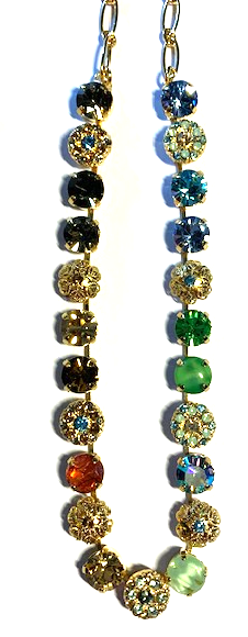 MARIANA NECKLACE FORGET ME NOT: blue, green, amber, pink, lavender 3/8" stones in yellow gold setting, adjustable 17" chain