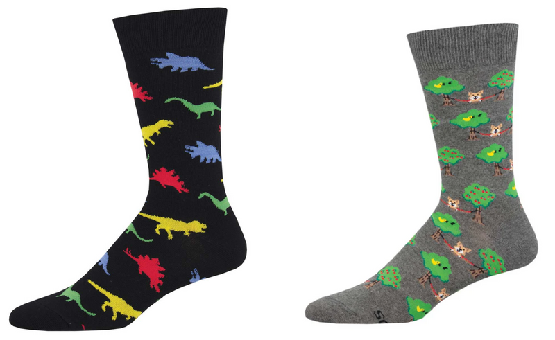 MEN'S SOCKS SET OF 2 PAIR DINOSAUR & LOUNGE DOGS