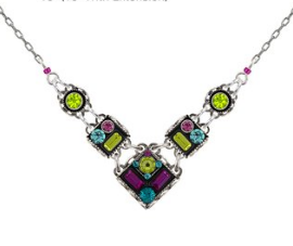 FIREFLY NECKLACE ARCHITECHURAL CG: multi stones in 3/4" silver setting, 18" adjustable chain